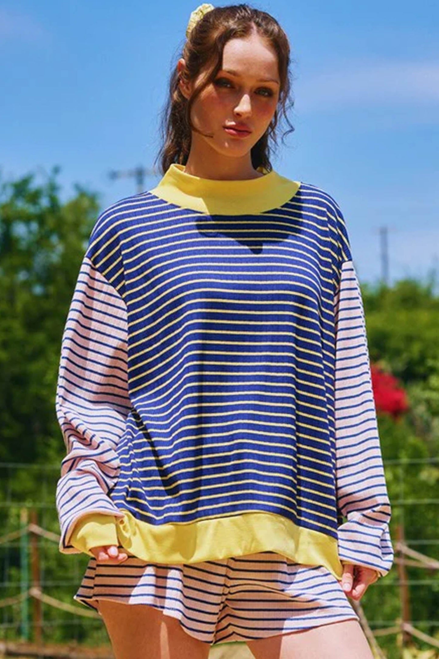 Stripe Long Sleeve Mock Neck Ribbed Knit Top & Shorts Set