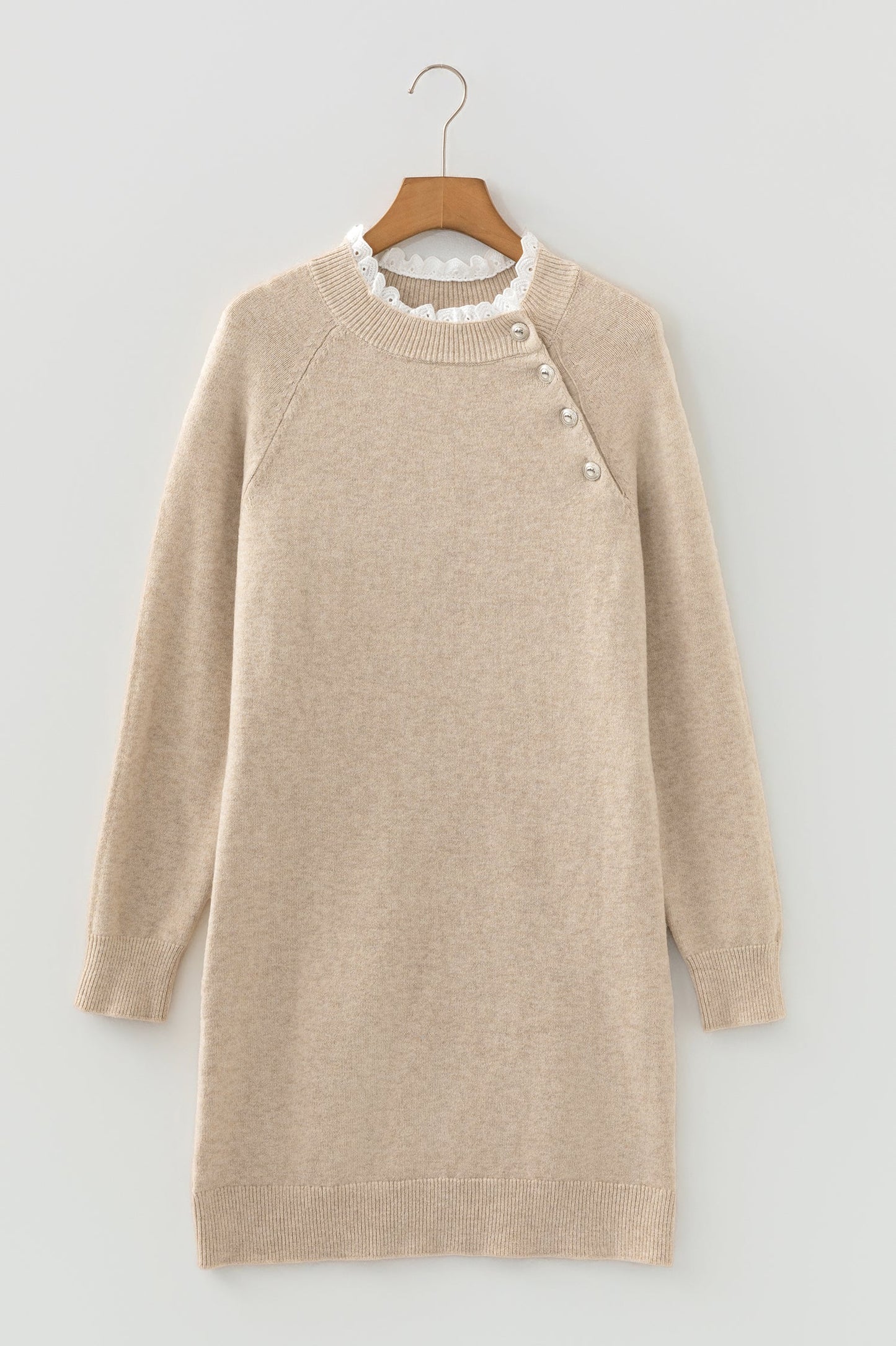 Lace Trim Buttoned Raglan Sleeve Sweater Dress