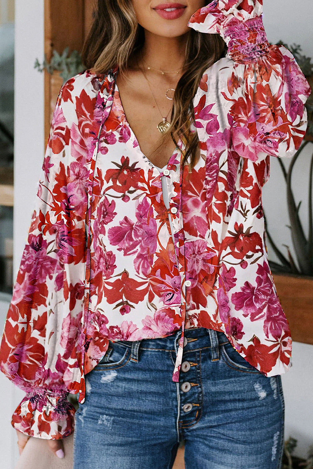 Floral Smocked Puff Sleeve Boho Peplum Blouse