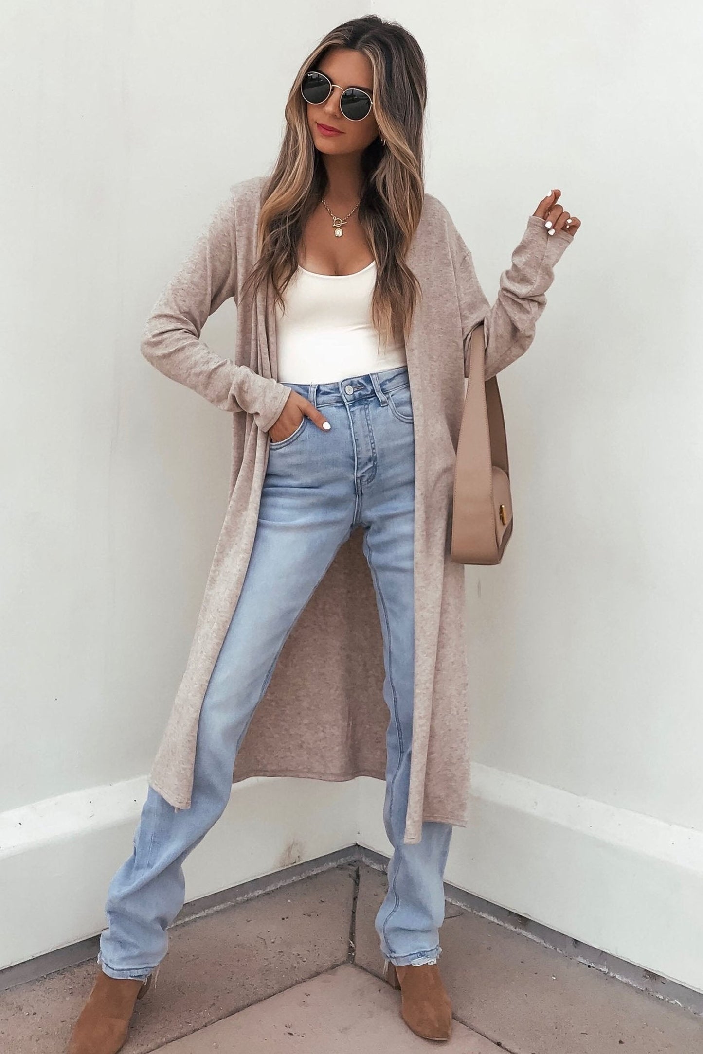 Solid Long Sleeve Open Front Tunic Cardigan