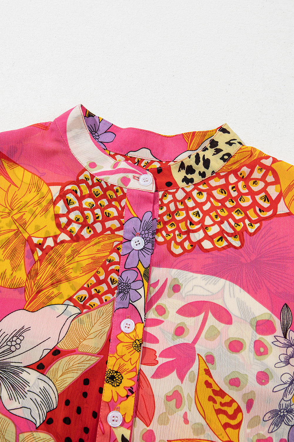 Floral Abstract Buttoned Ruffle Bubble Sleeve Shirt