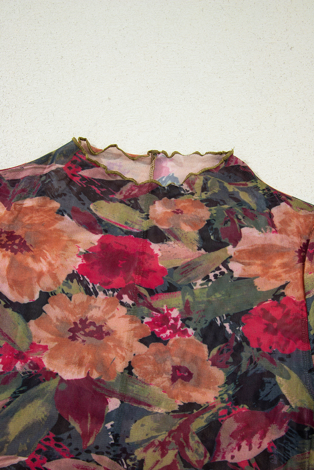 Floral Mesh Lettuce Trim Long Sleeve Top