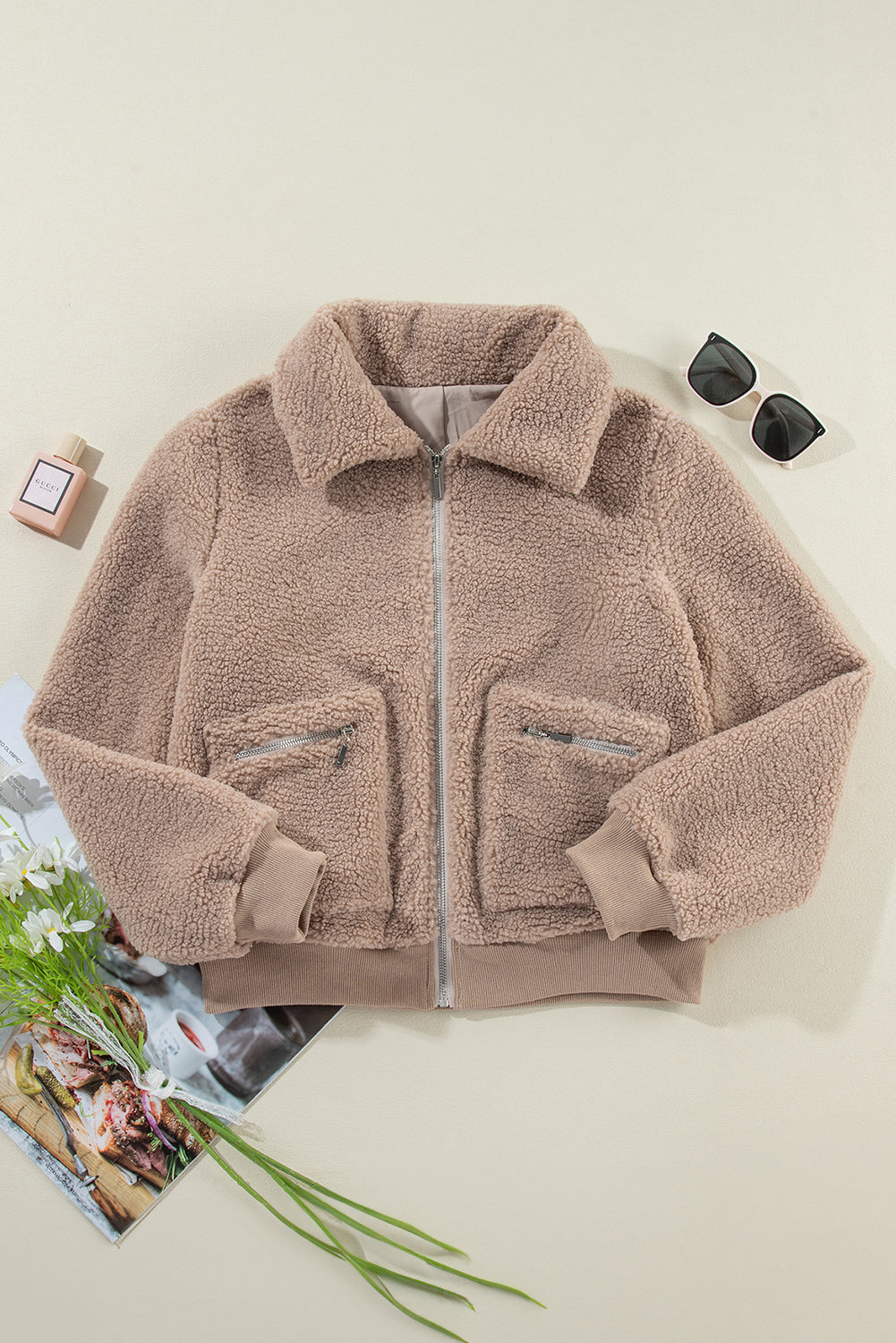 Solid Zip-Up Pocketed Fuzzy Jacket