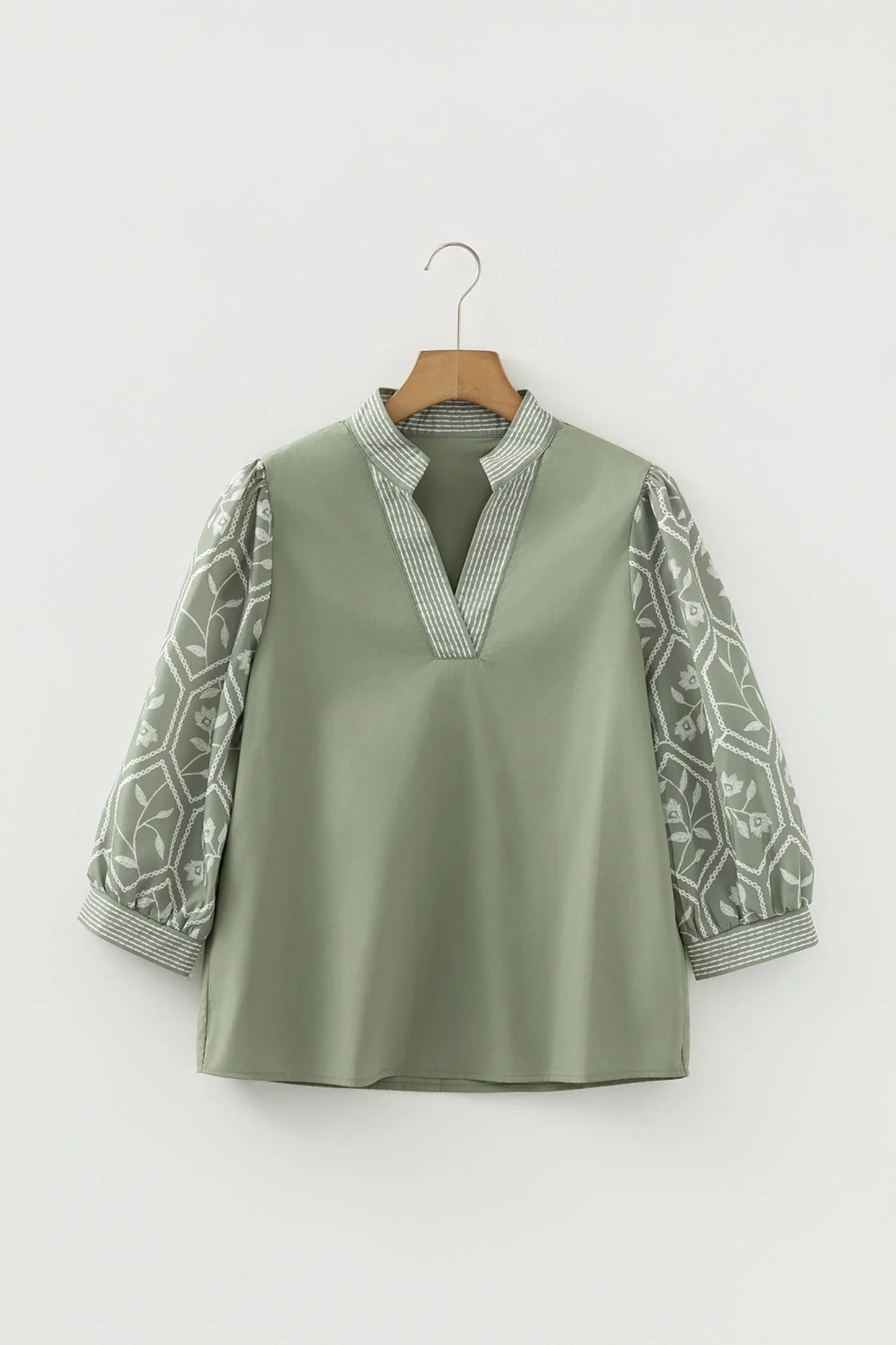 Floral Puff Sleeve Contrast V-Neck Patchwork Blouse