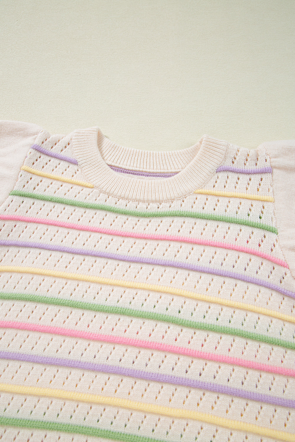 Colorful Stripe Eyelet Knit Ruffle Sleeve Sweater