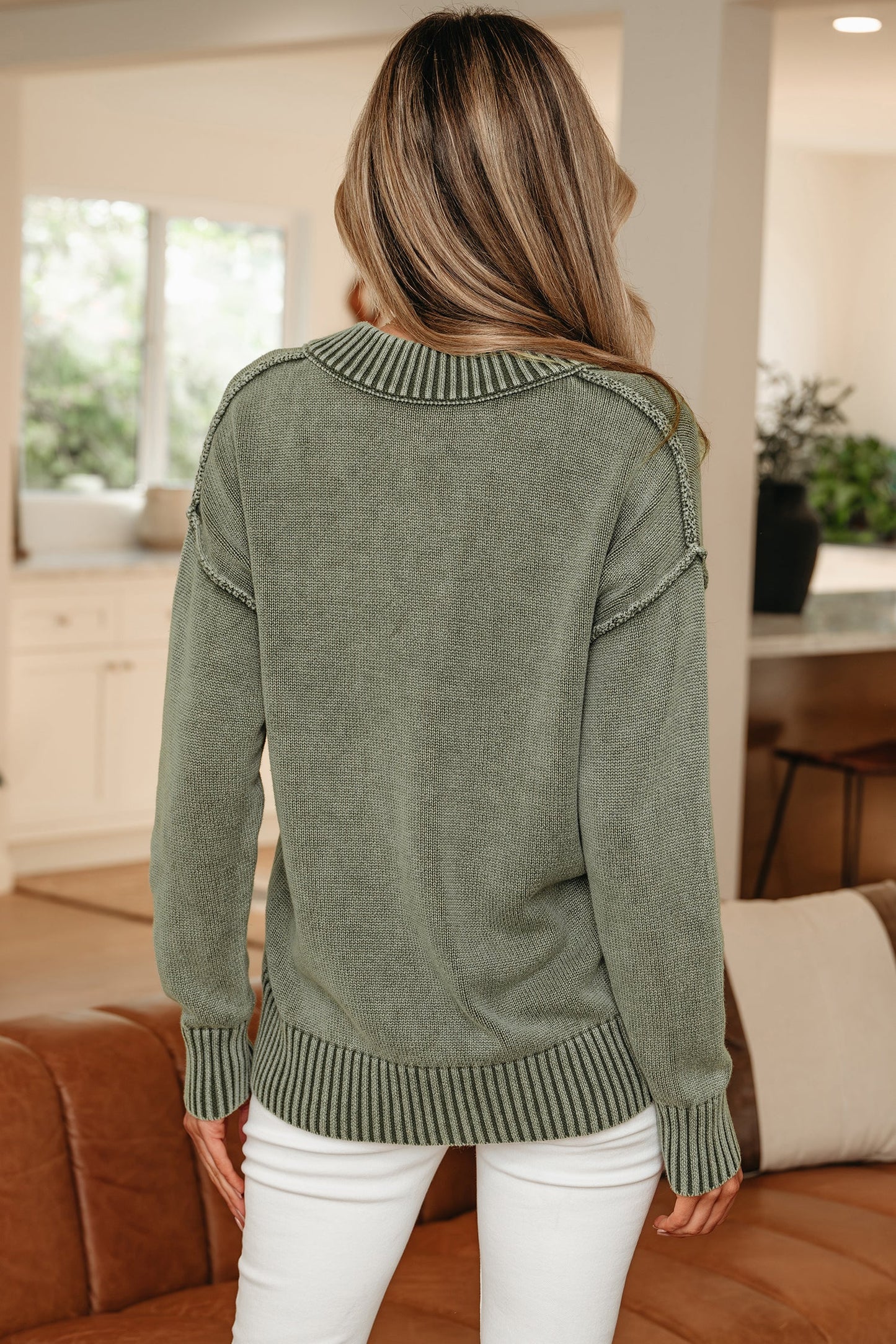 Mineral Wash Reverse Seam V-Neck Drop Shoulder Sweater