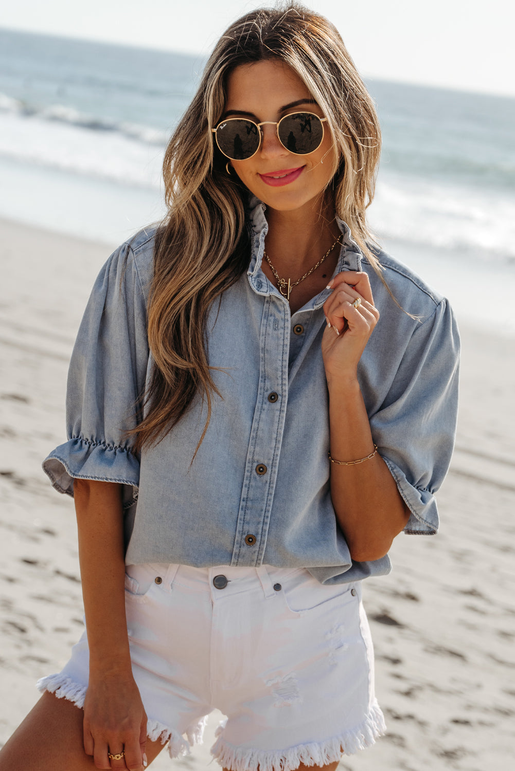 Chambray Ruffle Short Puff Sleeve Summer Shirt