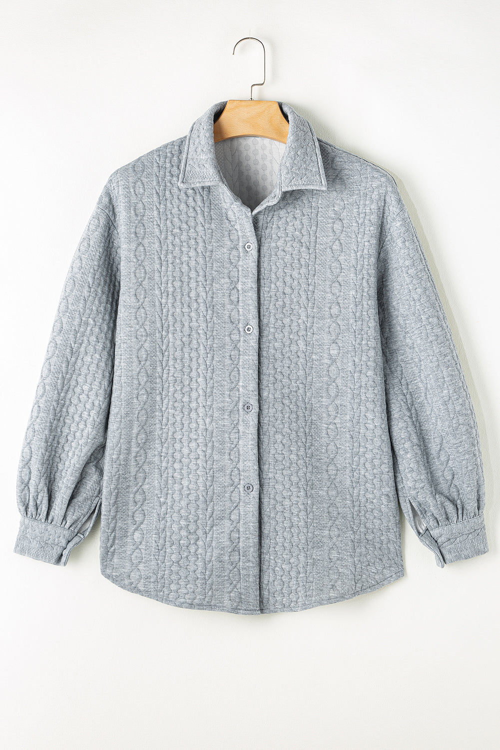 Solid Cable Knit Textured Puff Sleeve Shacket
