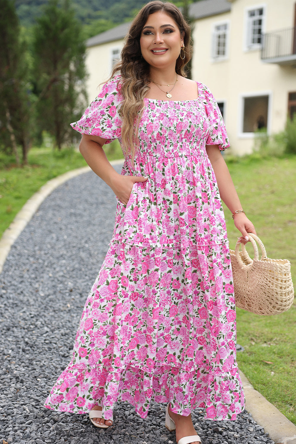 Plus Size Floral Smocked Puff Sleeve Dress