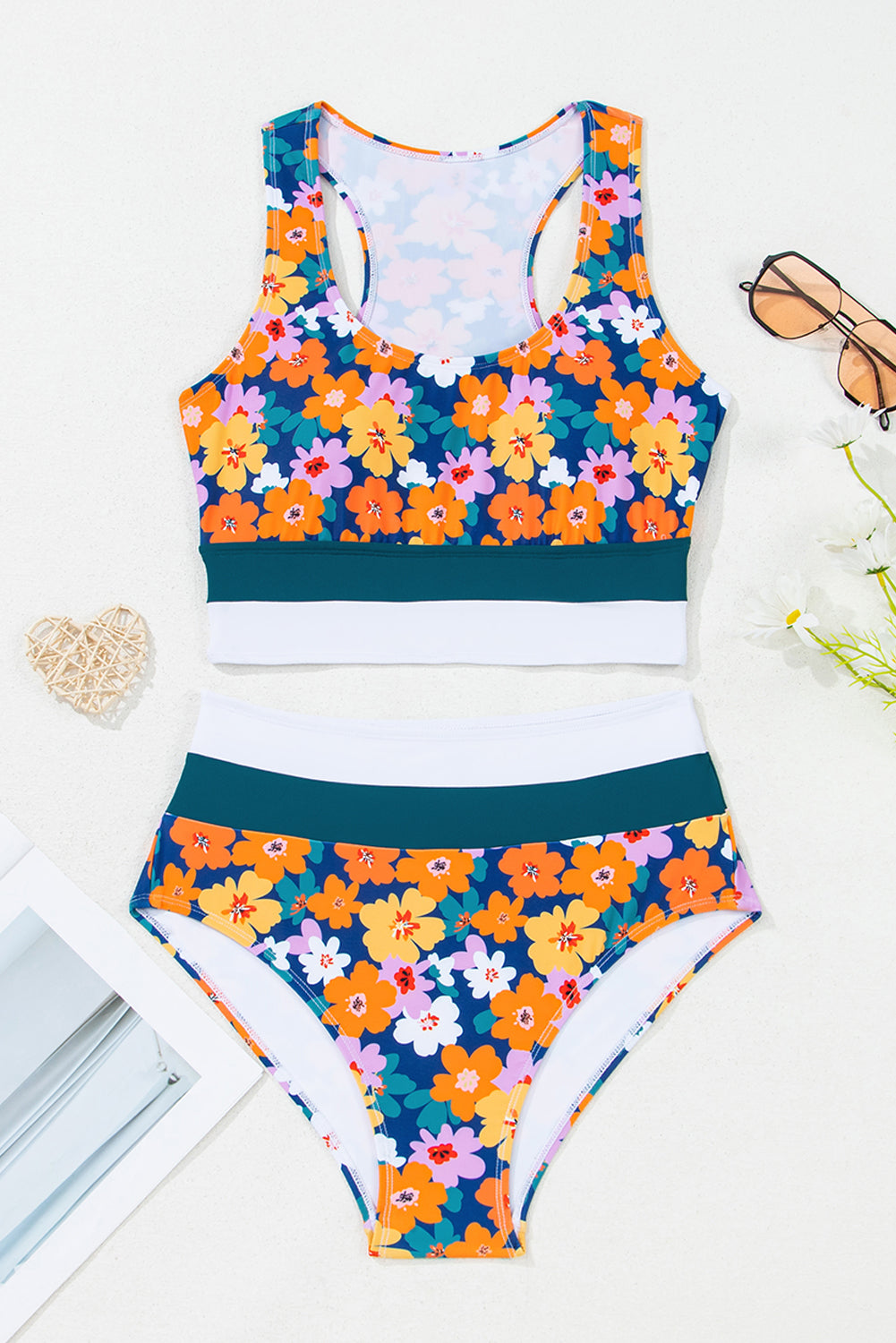 Floral Racerback Cutout High Waist 2pcs Bikini