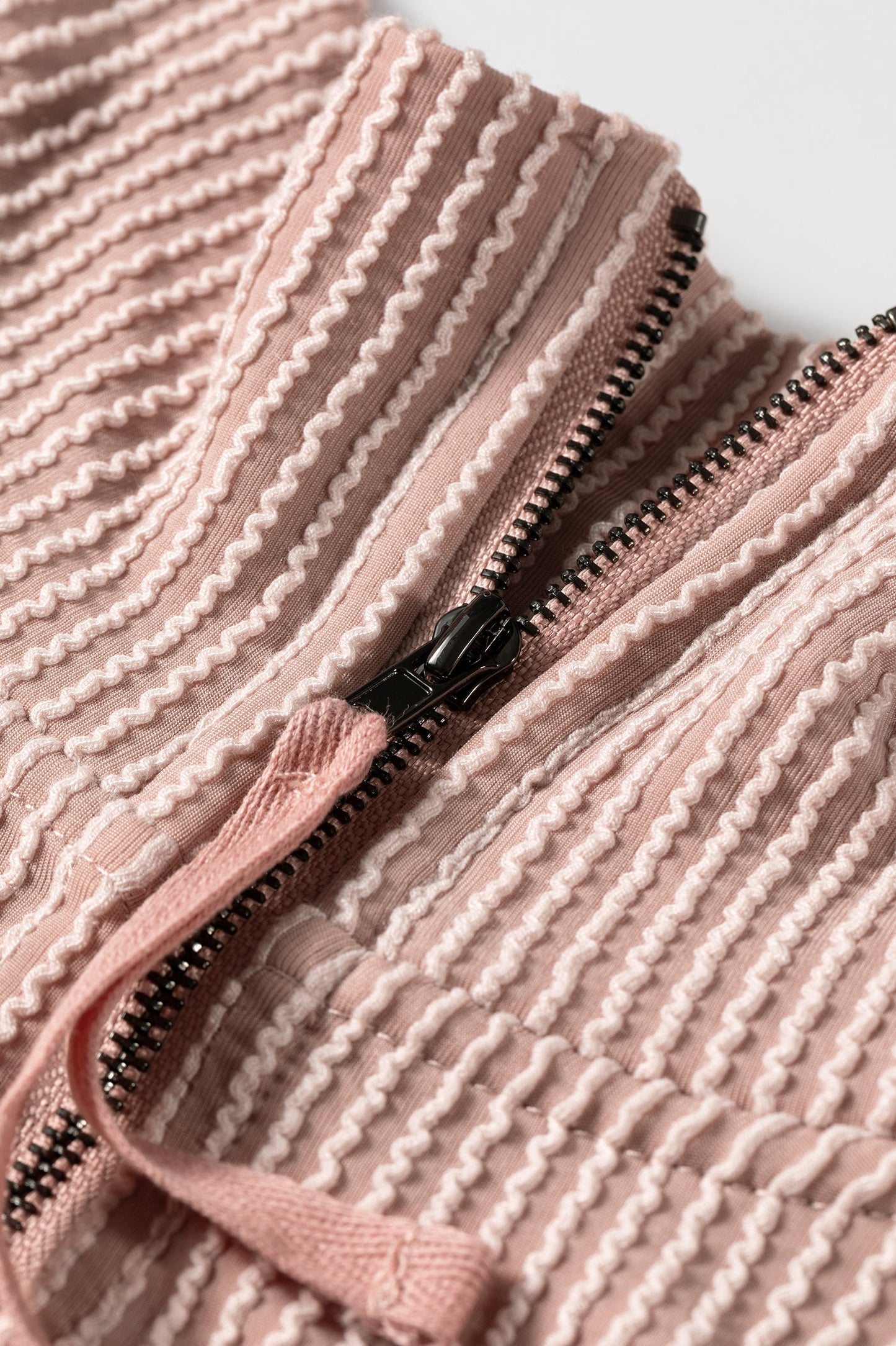 Corded Knit Zipper Collar Drop Shoulder Long Sleeve Top