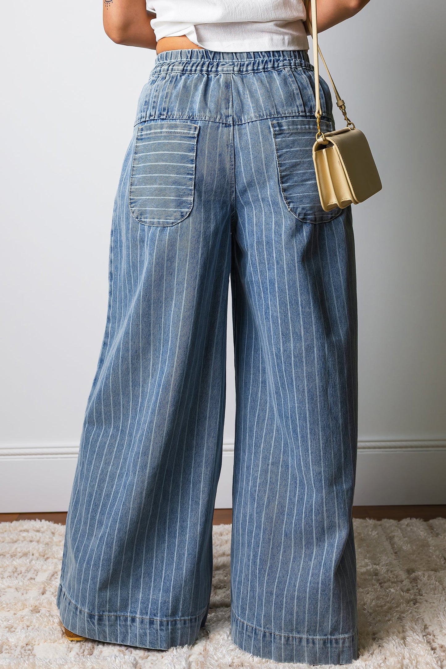 Stripe Button Pleated Drawstring Wide Leg Jeans