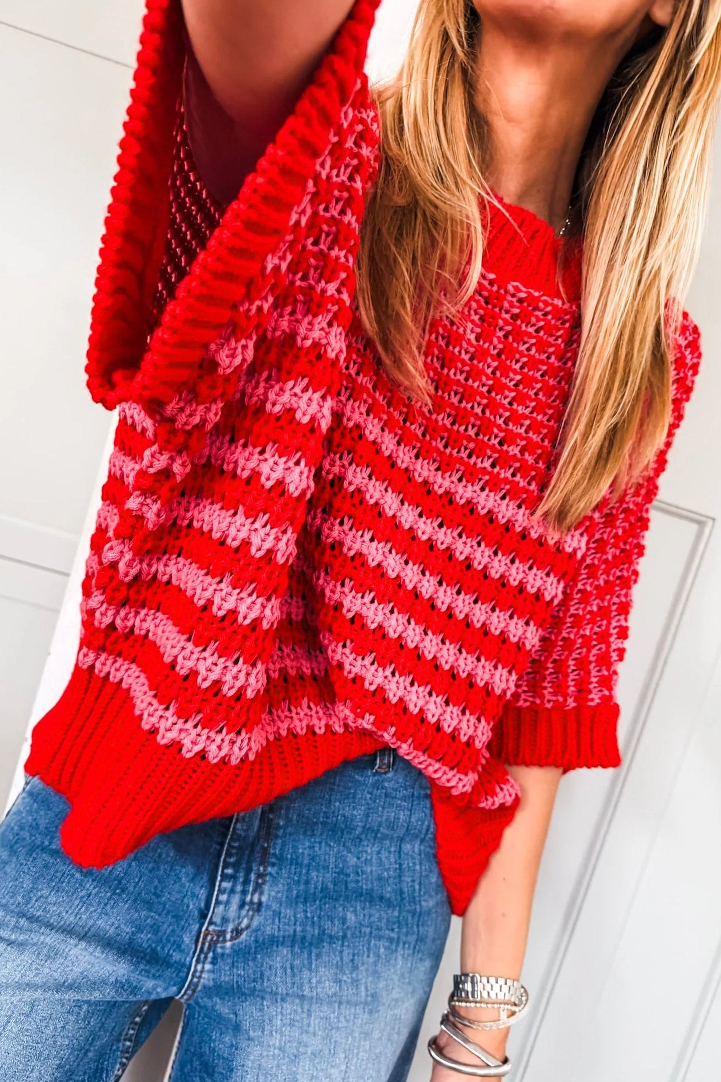 Stripe Draped 3/4 Sleeve Slouchy Sweater
