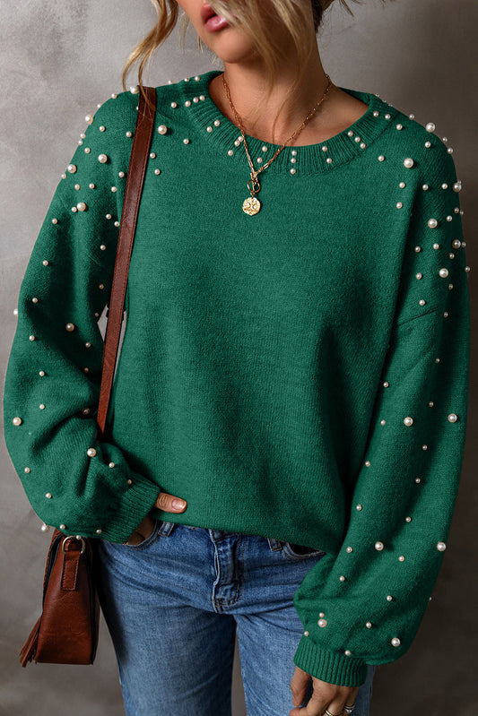 Solid Pearl Drop Shoulder Round Neck Sweater