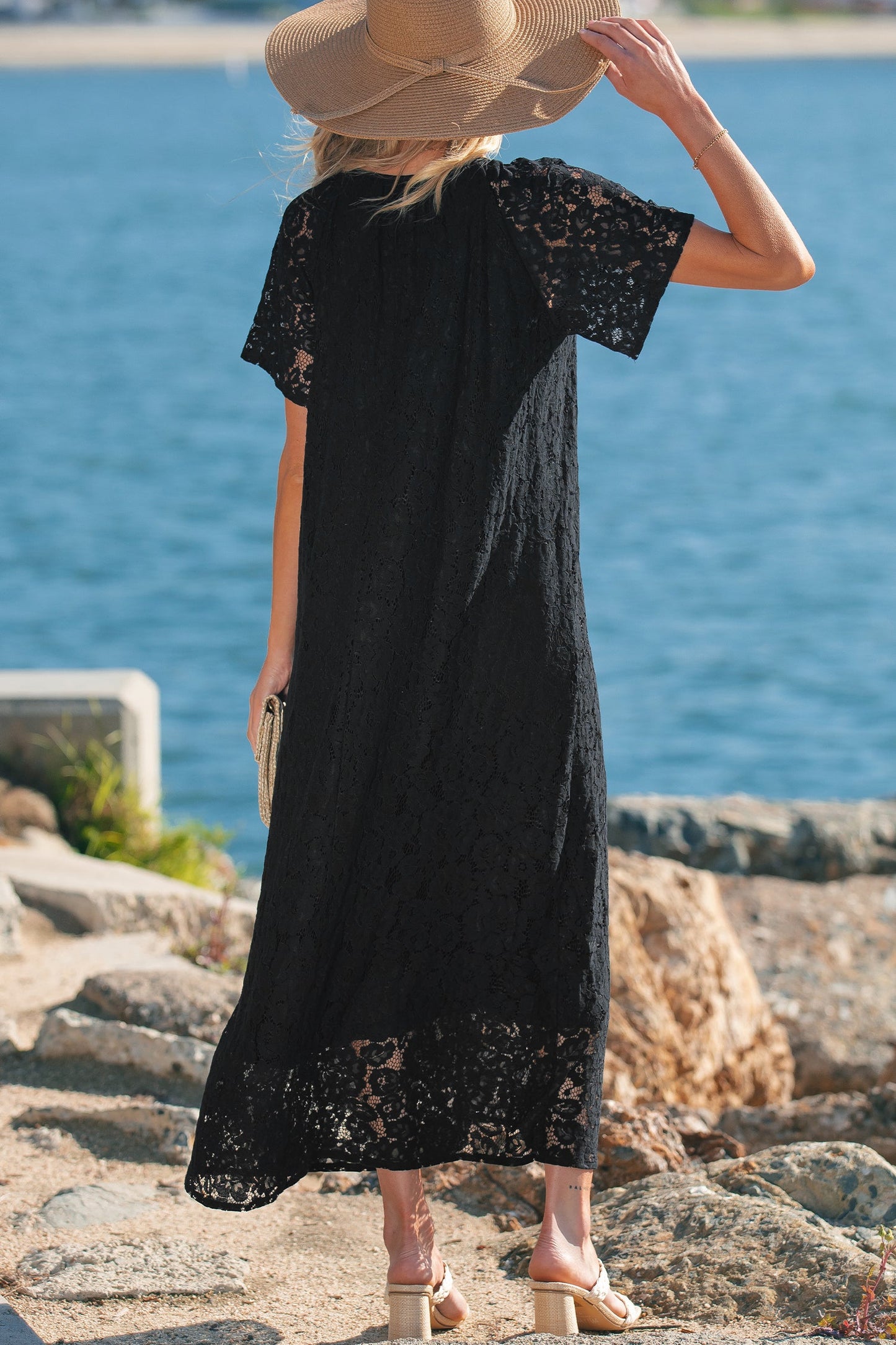 Lace Overlay Tassel Tie Short Sleeve Maxi Dress