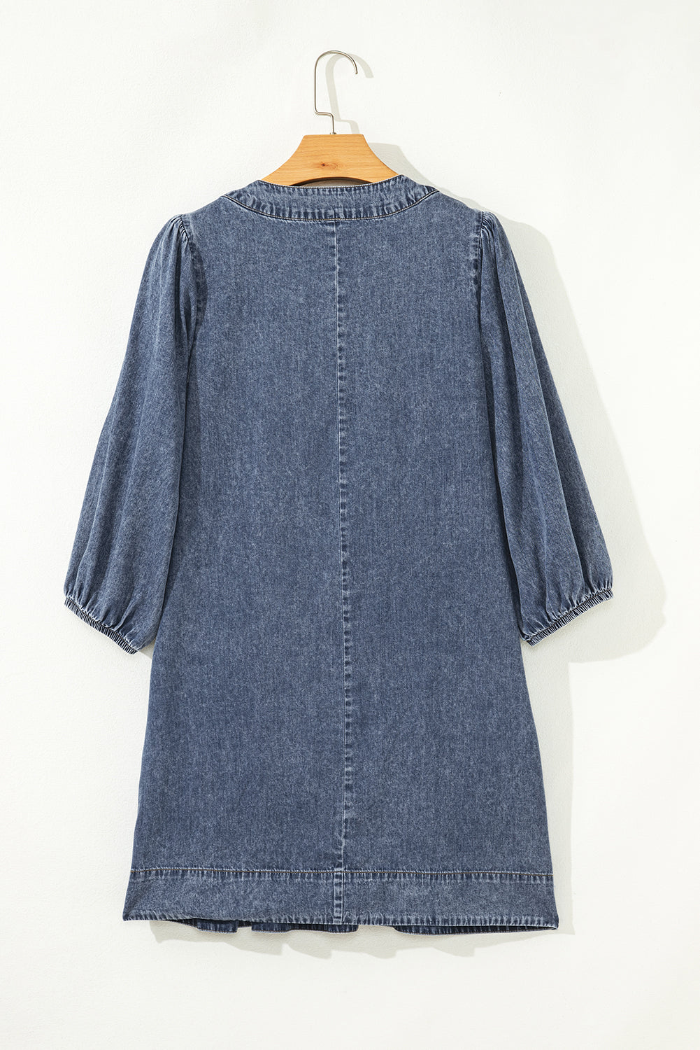 Denim 3/4 Sleeve Tied V-Neck Pleated Mini Dress