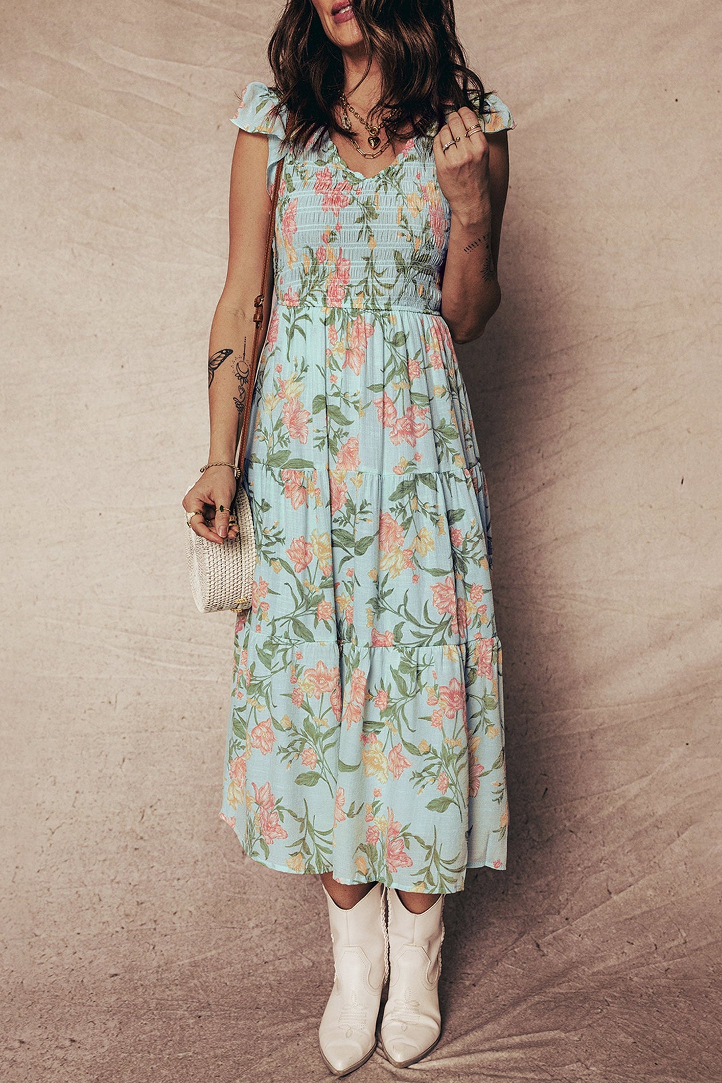 Floral Smocked V-Neck Ruffle Tiered Maxi Dress