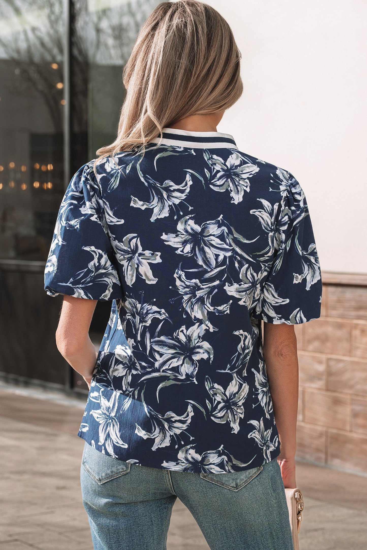 Floral Stripe Trim Puff Sleeve V-Neck Blouse