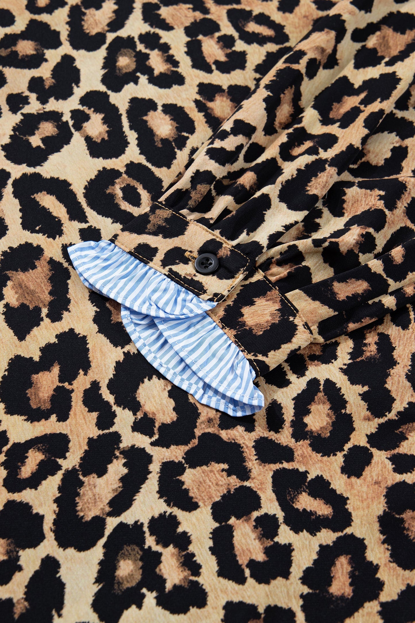 Leopard Frilled Stripe Trim Long Sleeve Shirt