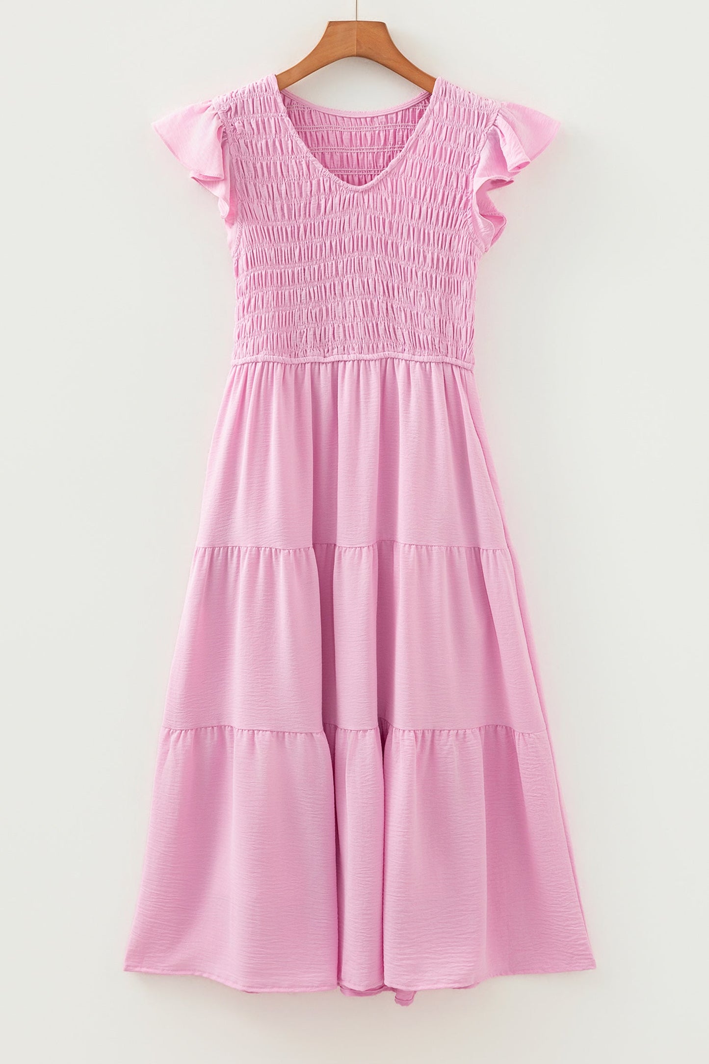 Smocked V-Neck Flutter Sleeve Tiered Midi Dress