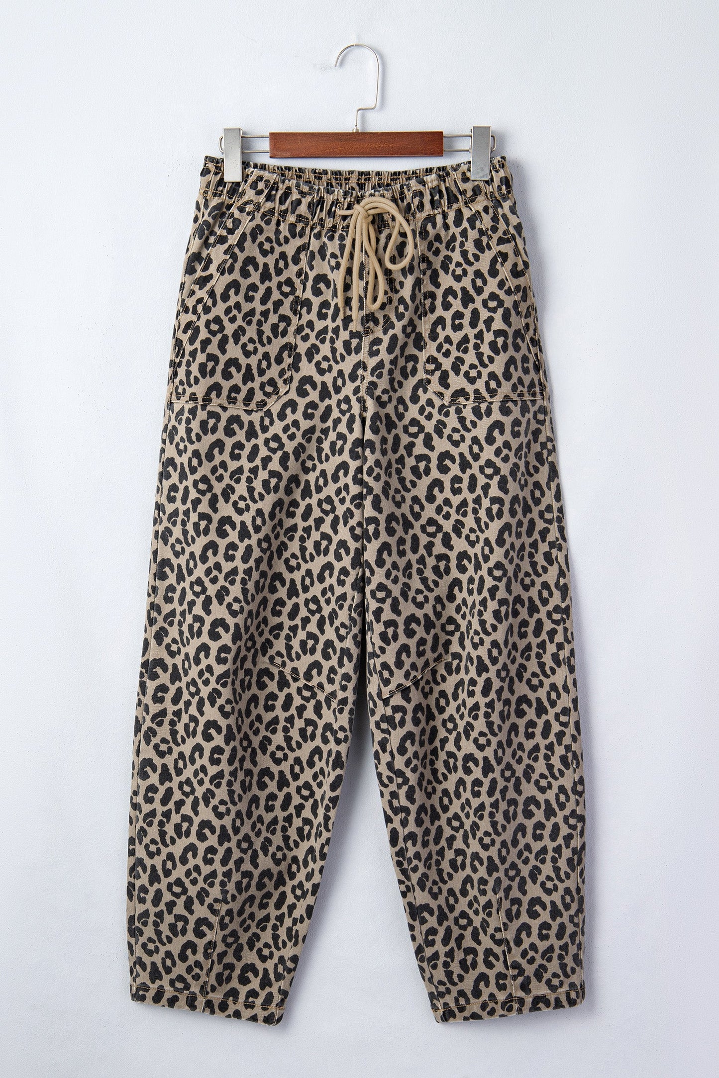 Leopard Drawstring Elastic Waist Loose Denim Pants