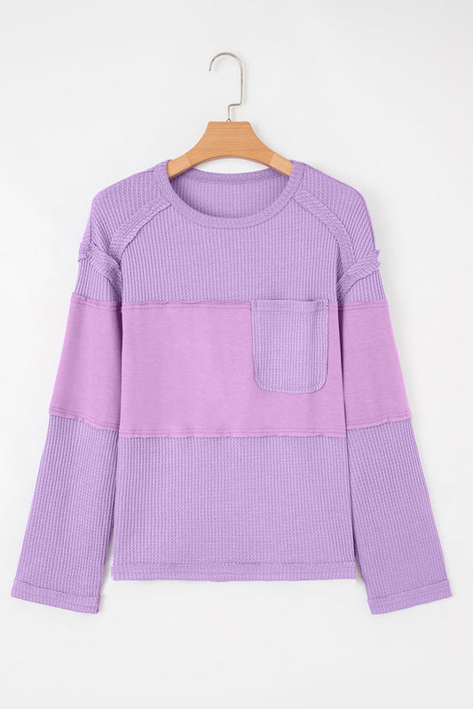 Colorblock Waffle Knit Patchwork Long Sleeve Top