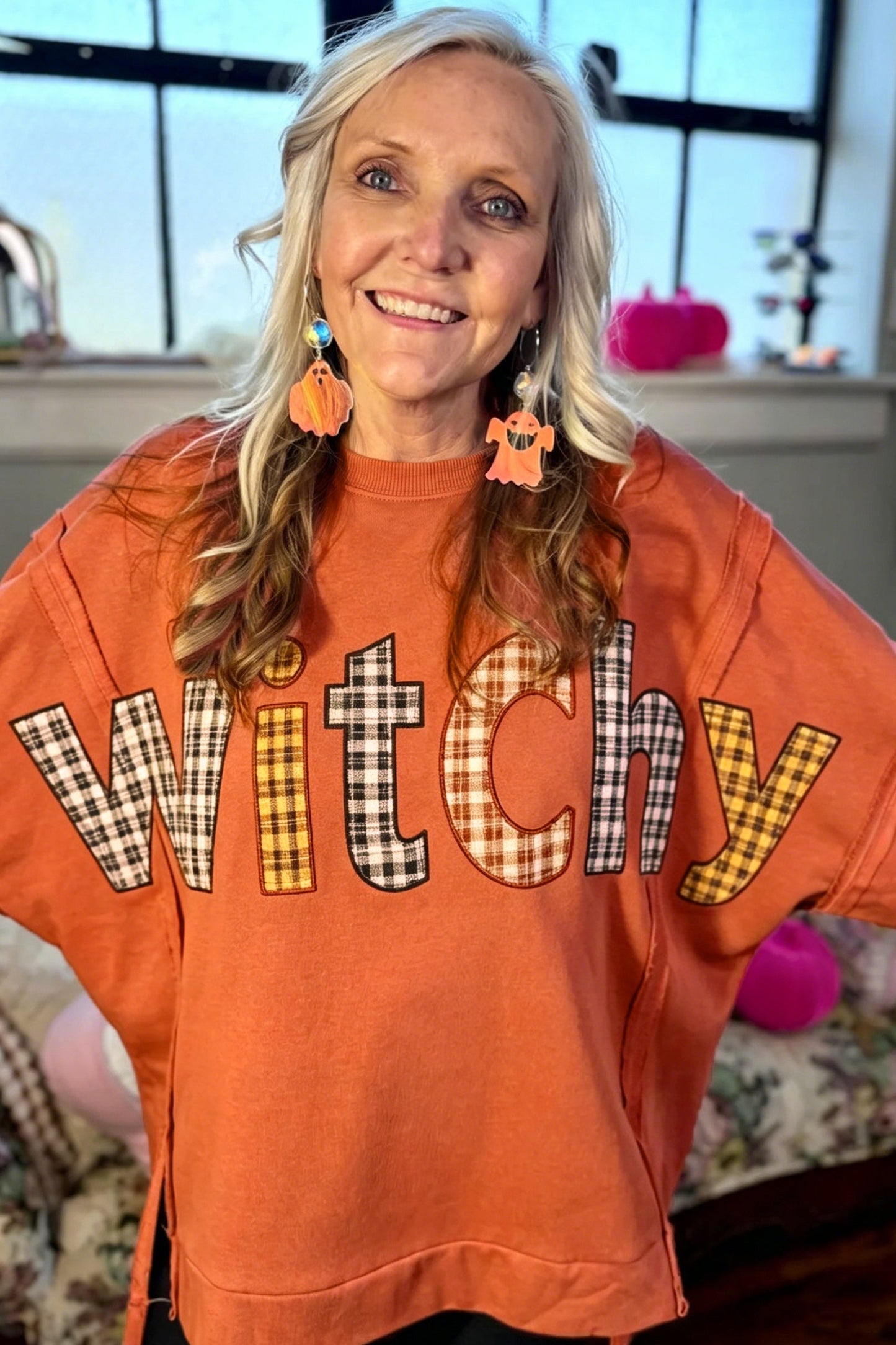 Halloween Witchy Plaid Patchwork Exposed Seam Sweatshirt