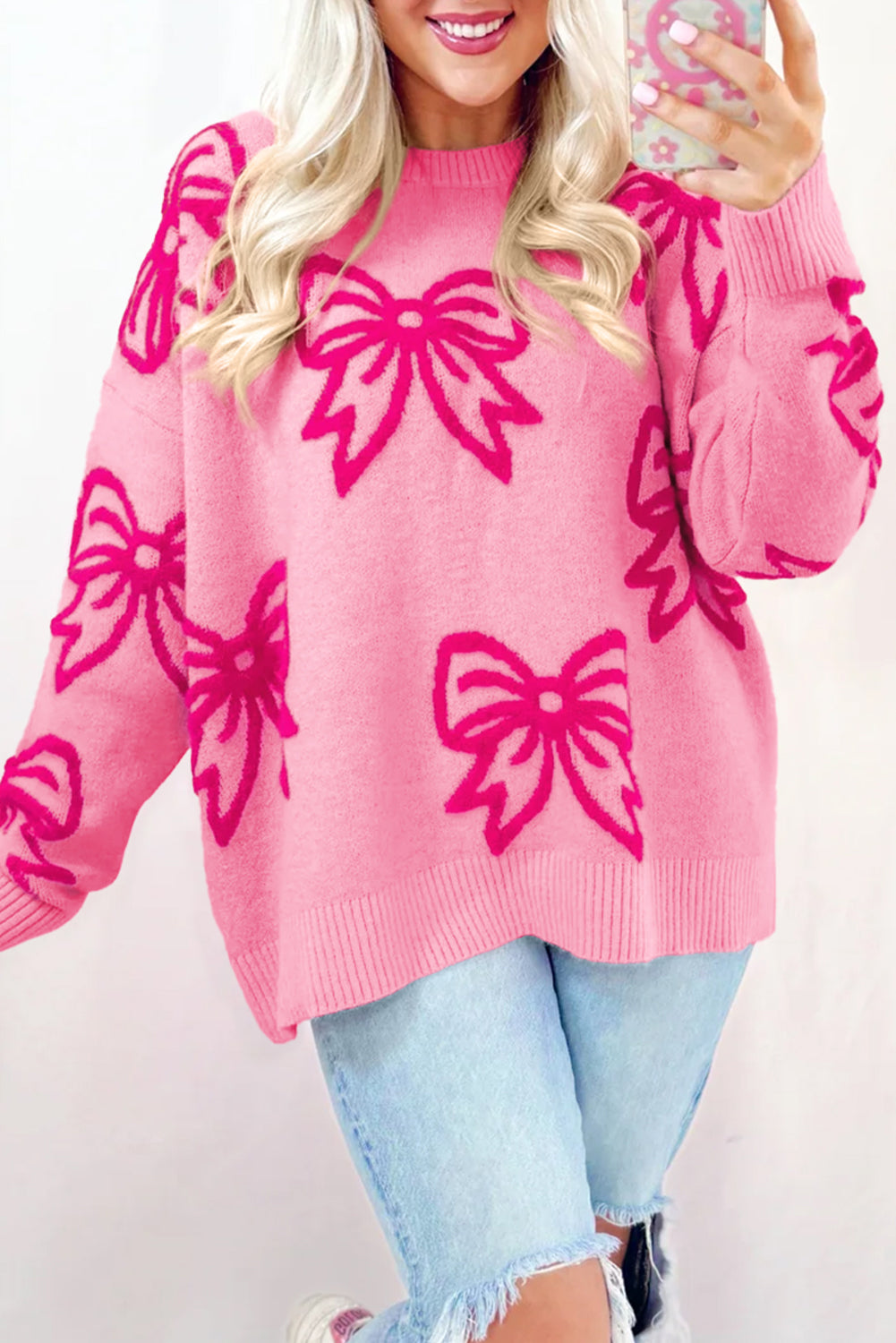 Bow Drop Shoulder Long Sleeve Sweater