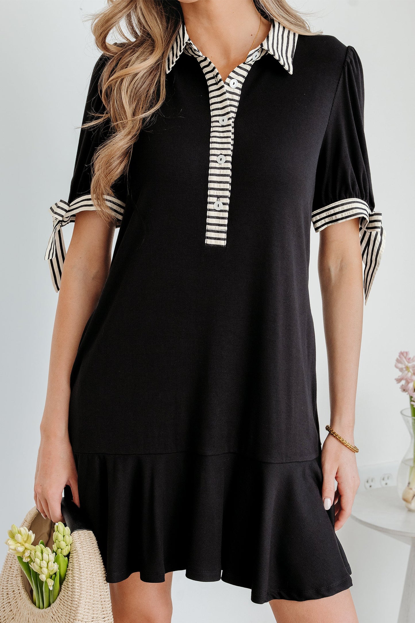 Stripe Polo Collar Tied Short Sleeve Mini Dress