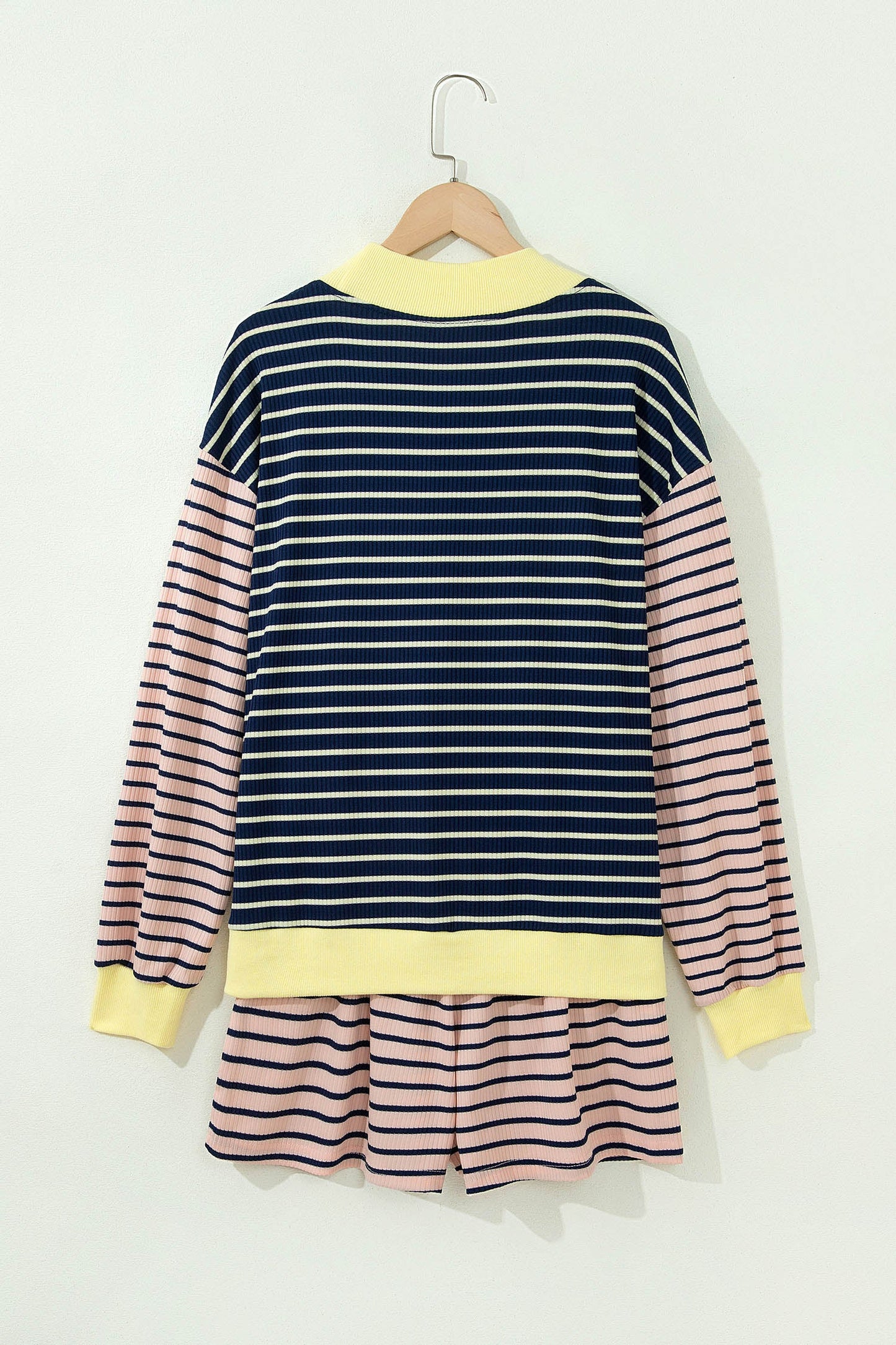 Stripe Long Sleeve Mock Neck Ribbed Knit Top & Shorts Set