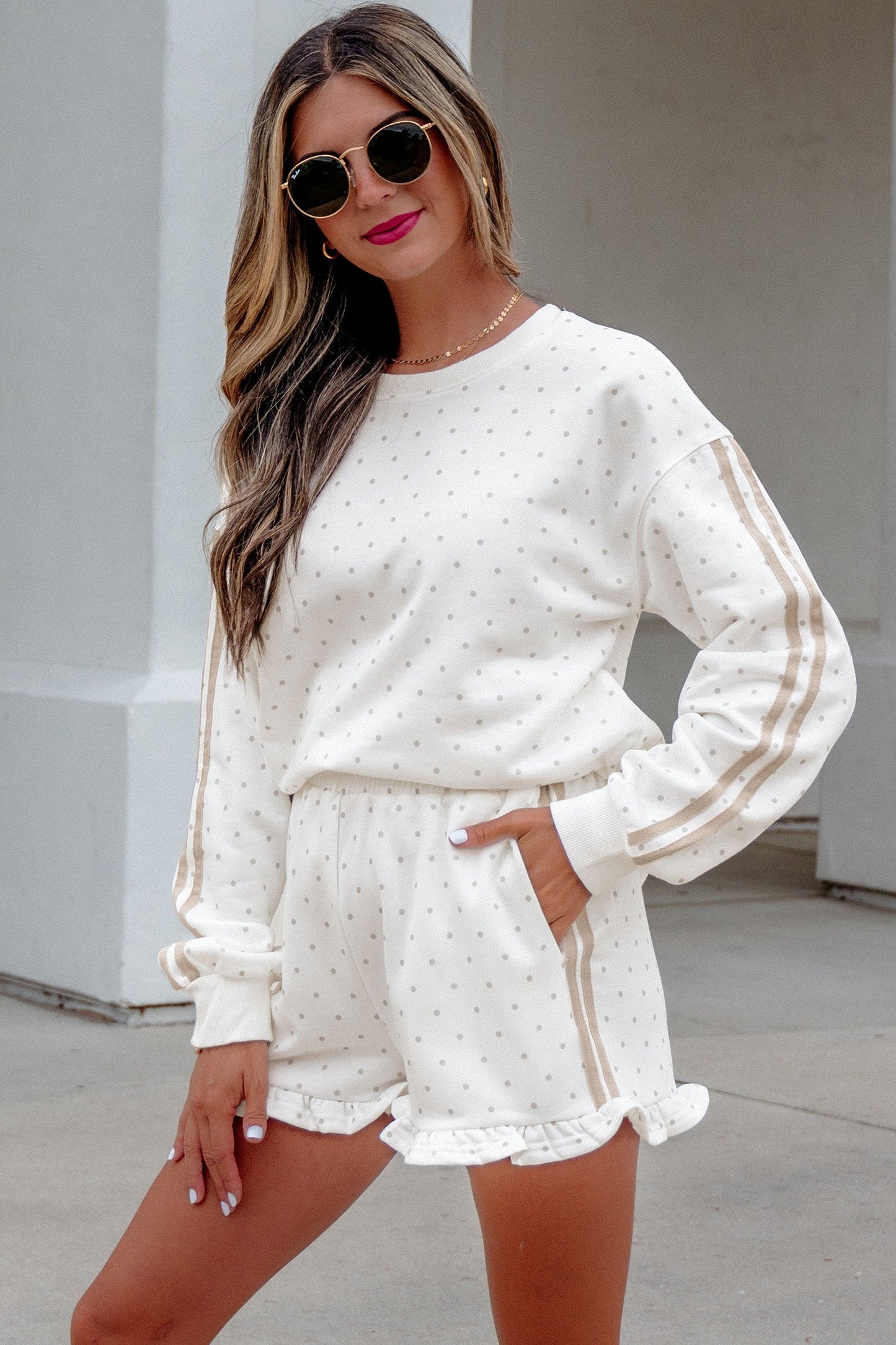 Polka Dot Side Stripe Detail Sweatshirt & Shorts Set