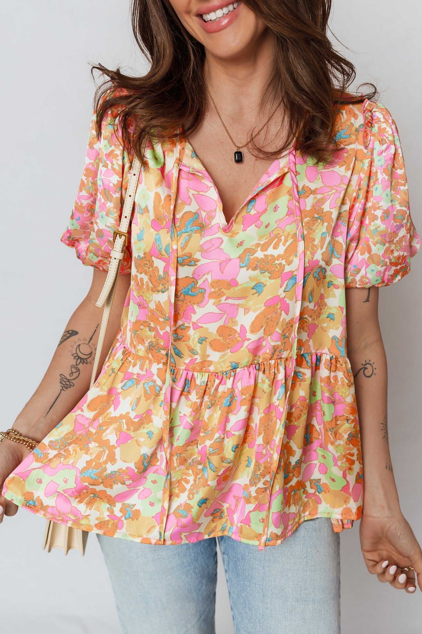 Flower Split V-Neck Short Sleeve Blouse