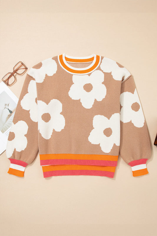 Flower Colorblock Contrast Stripe Baggy Sweater