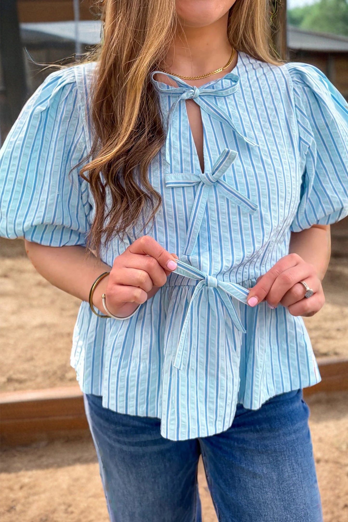 Bow Textured Puff Sleeve Babydoll Blouse