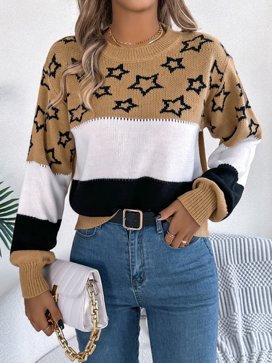 Star Contrast Round Neck Sweater