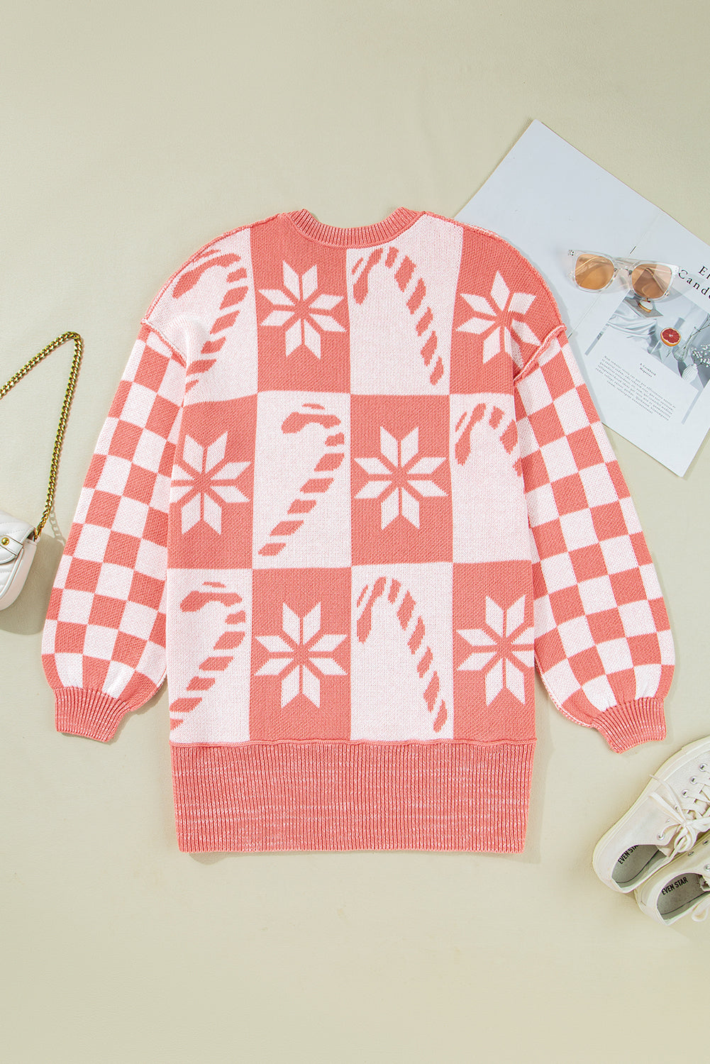 Candycane Snowflake Checker Christmas Holiday Sweater