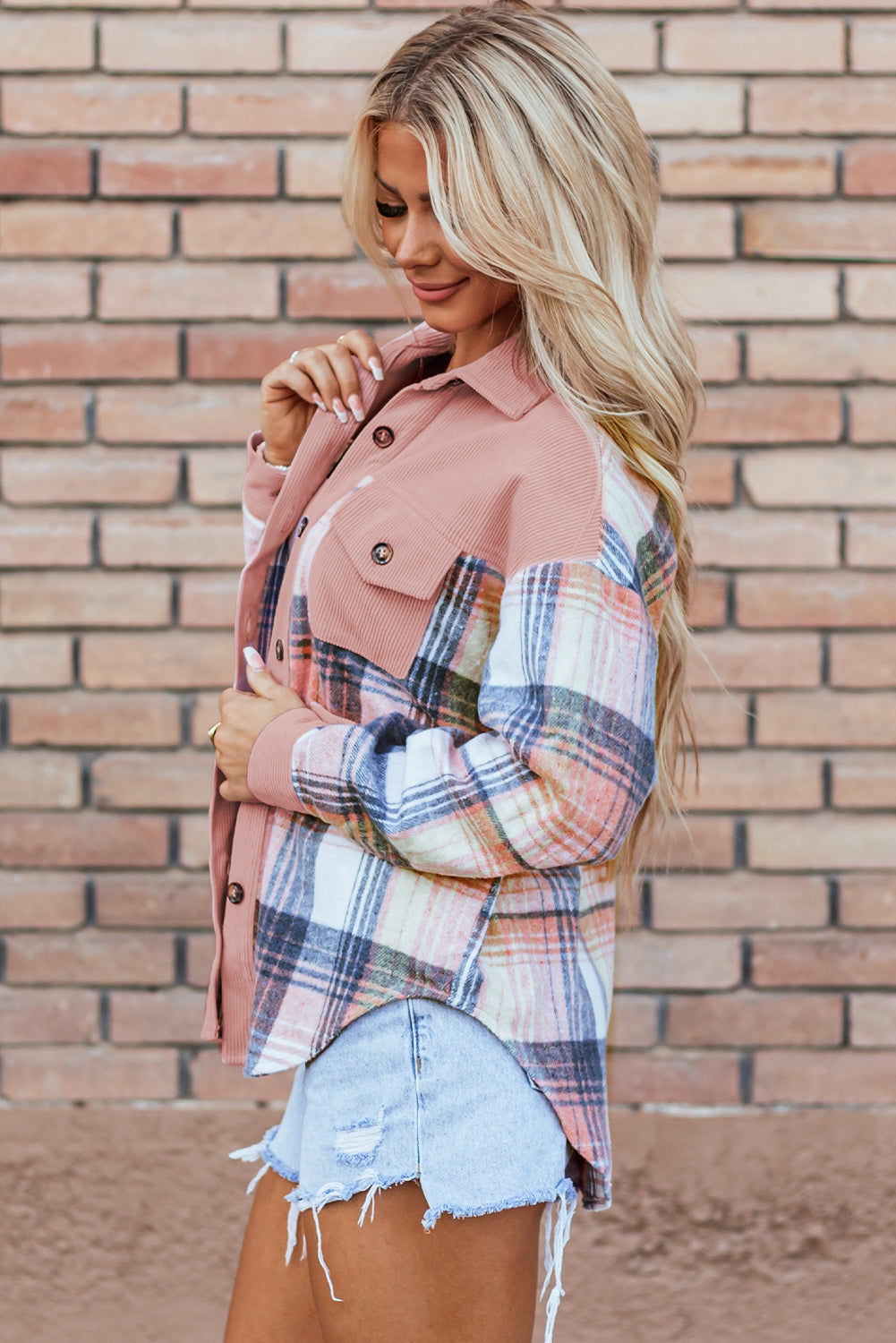 Plaid Corduroy Patchwork Pocketed Shacket