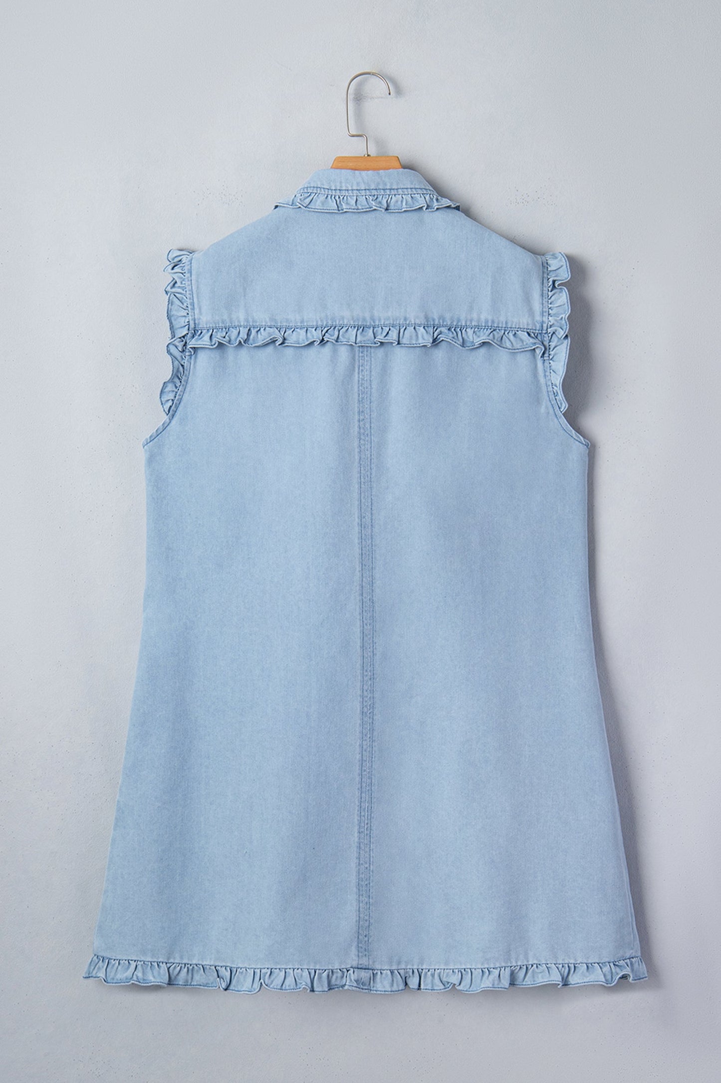 Denim Ruffle Edge Collared Button Up Dress