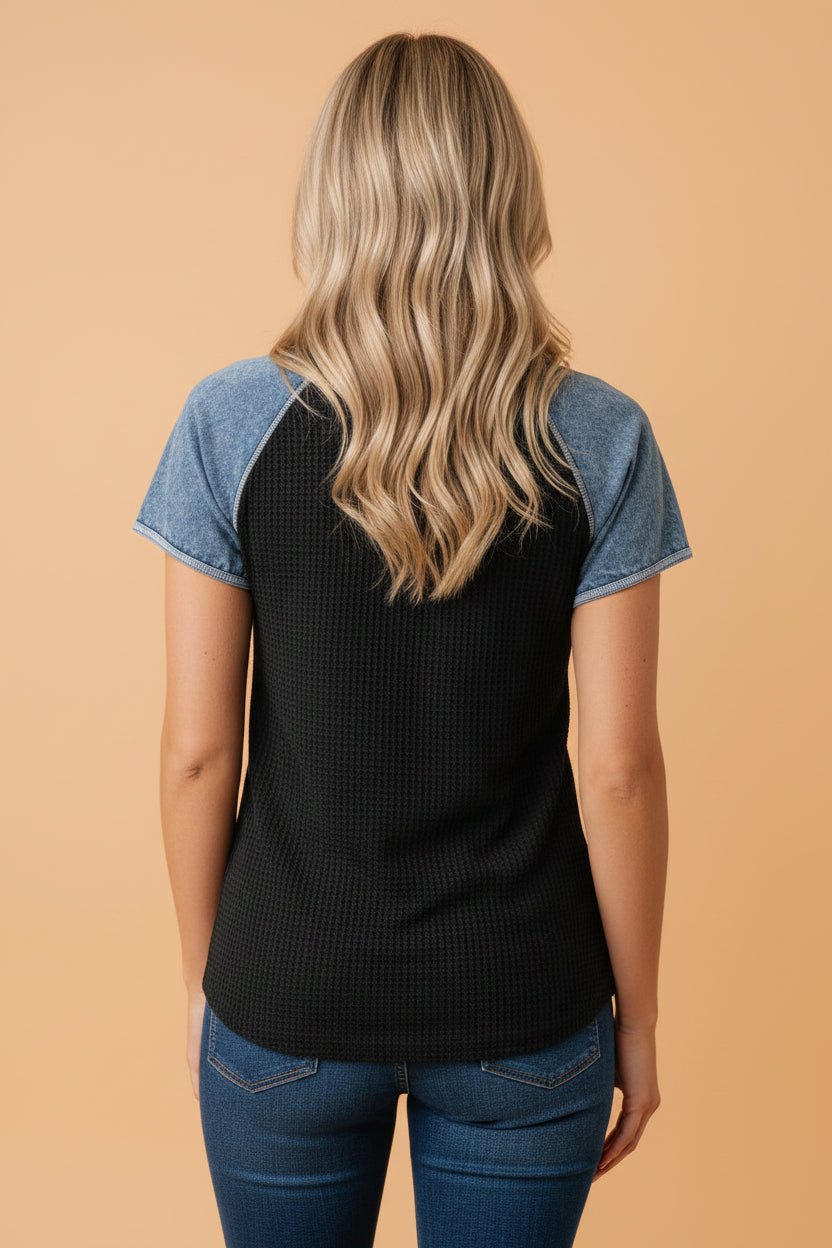 Colorblock Waffle Knit Patchwork Short Sleeve Top