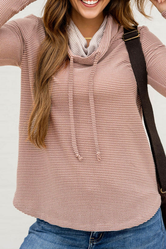 Corded Knit Drawstring Cowl Neck Top