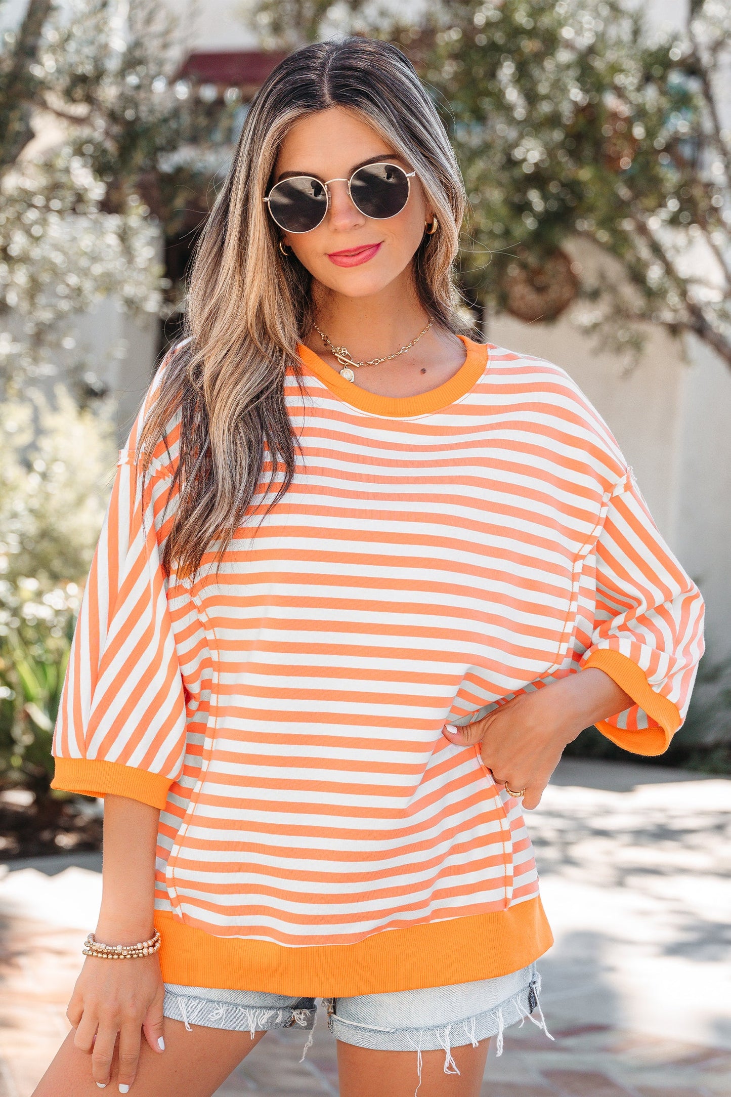 Stripe 3/4 Sleeve Exposed Seam Pullover Top