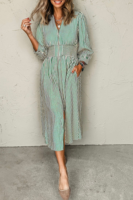 Stripe V-Neck Zip Front Midi Dress