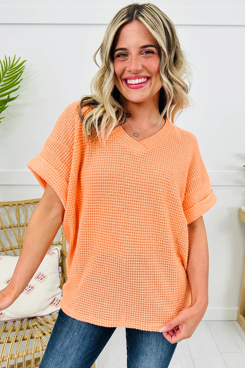 Solid Waffle Knit V-Neck Short Sleeve Top