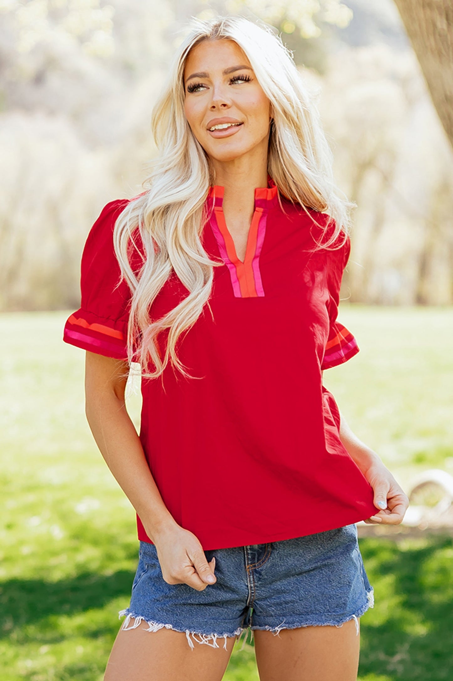 Stripe Frilled V-Neck Ruffle Short Sleeve Blouse
