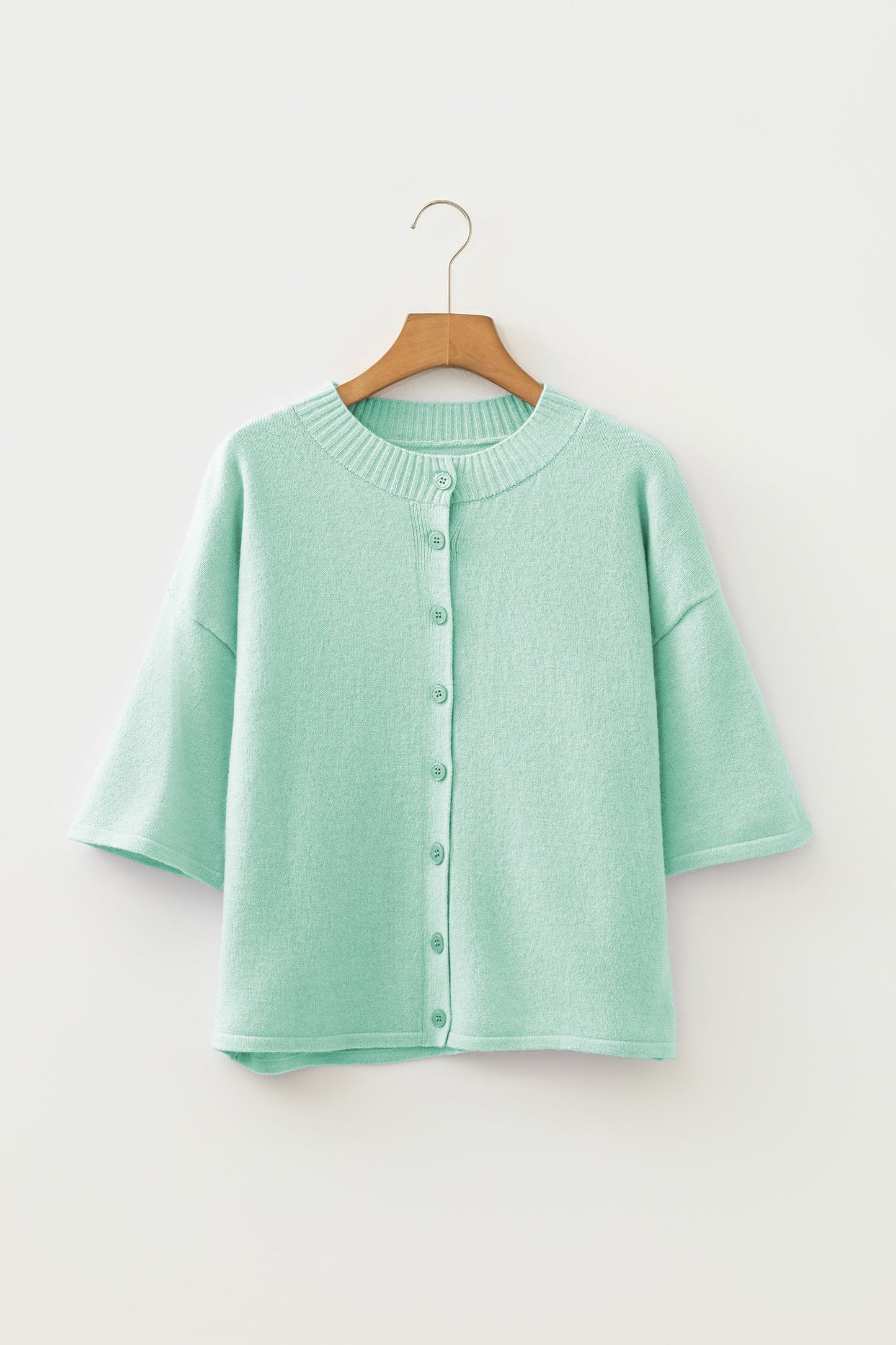 Solid 3/4 Sleeve Boxy Button-Down Cardigan