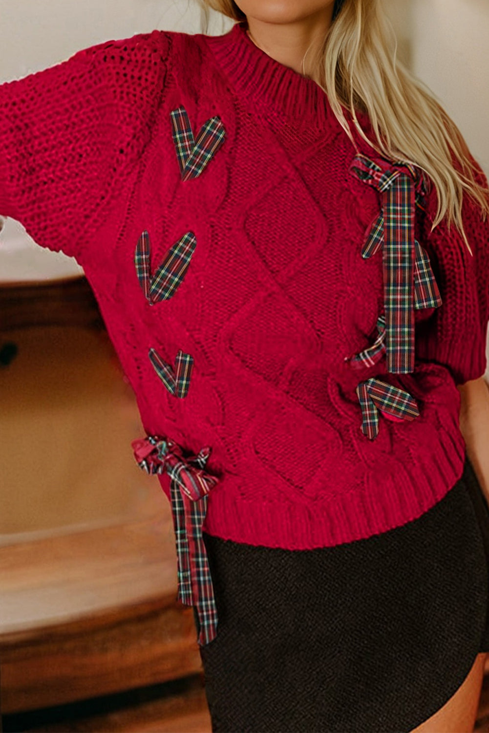 Christmas Plaid Lace-Up Puff Sleeve Sweater