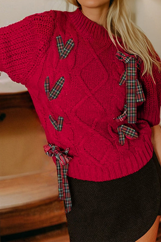 Christmas Plaid Lace-Up Puff Sleeve Sweater