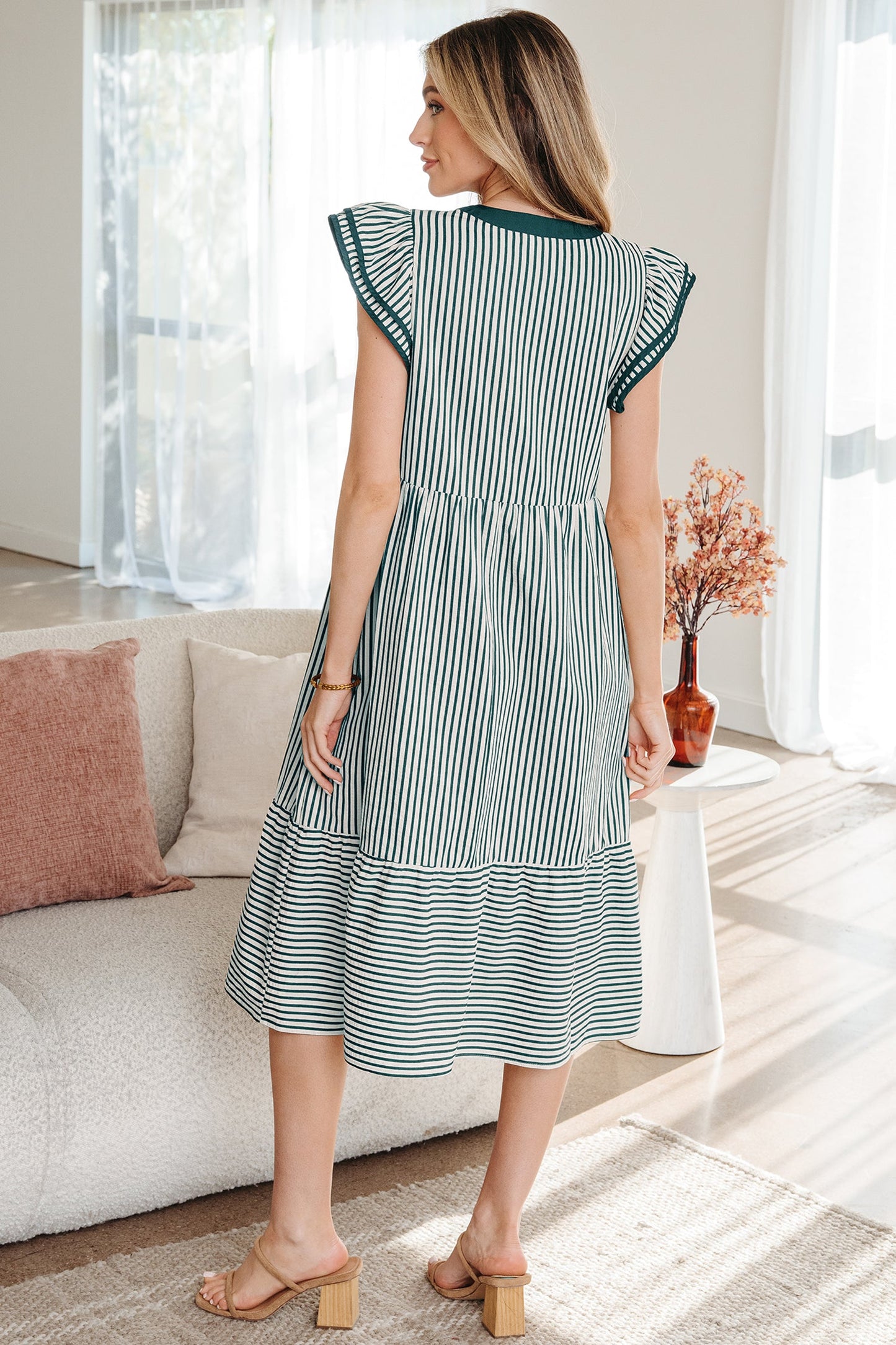 Stripe Ruffle Short Sleeve V-Neck Midi Dress