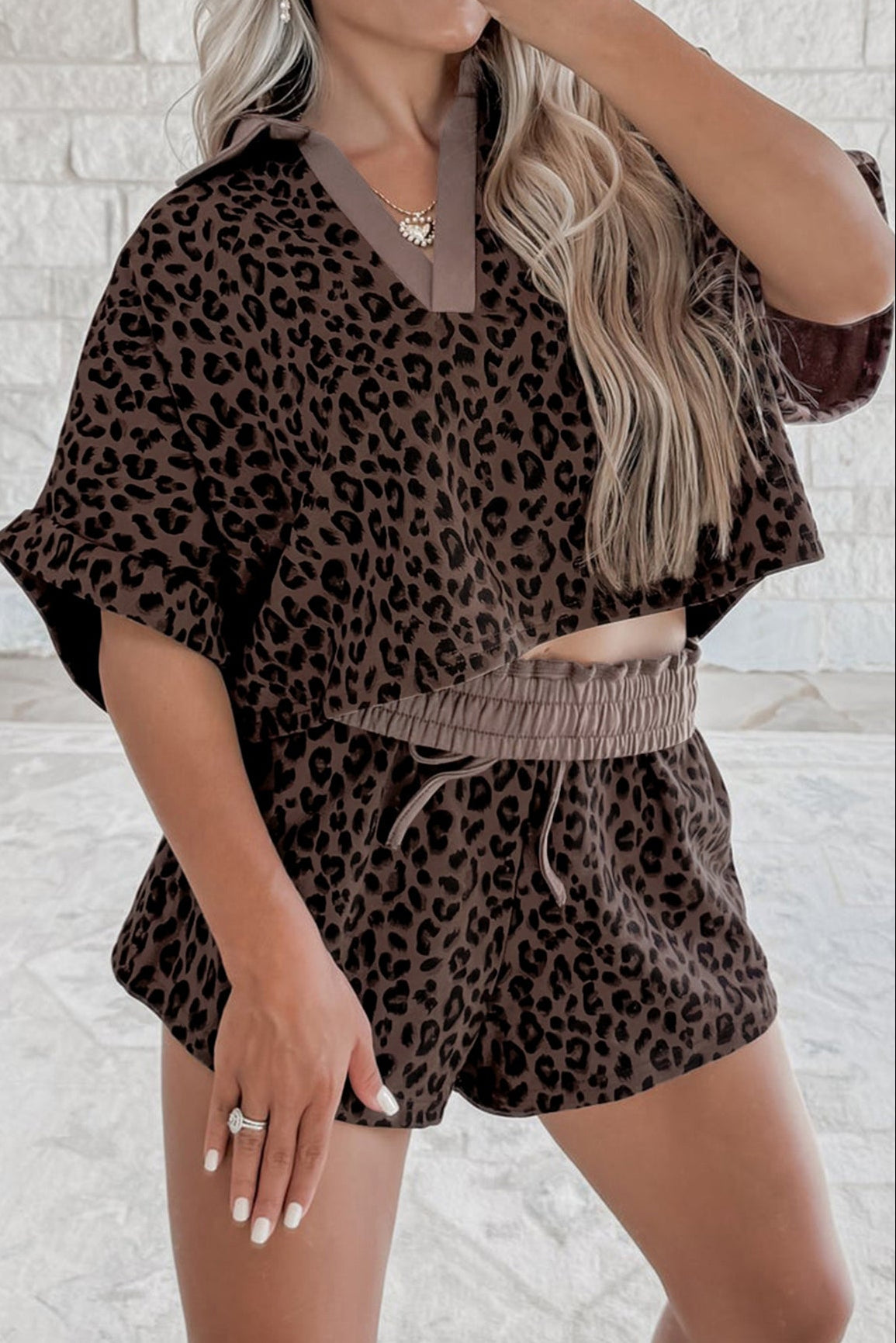 Leopard Collared V-Neck Top & Shorts Set