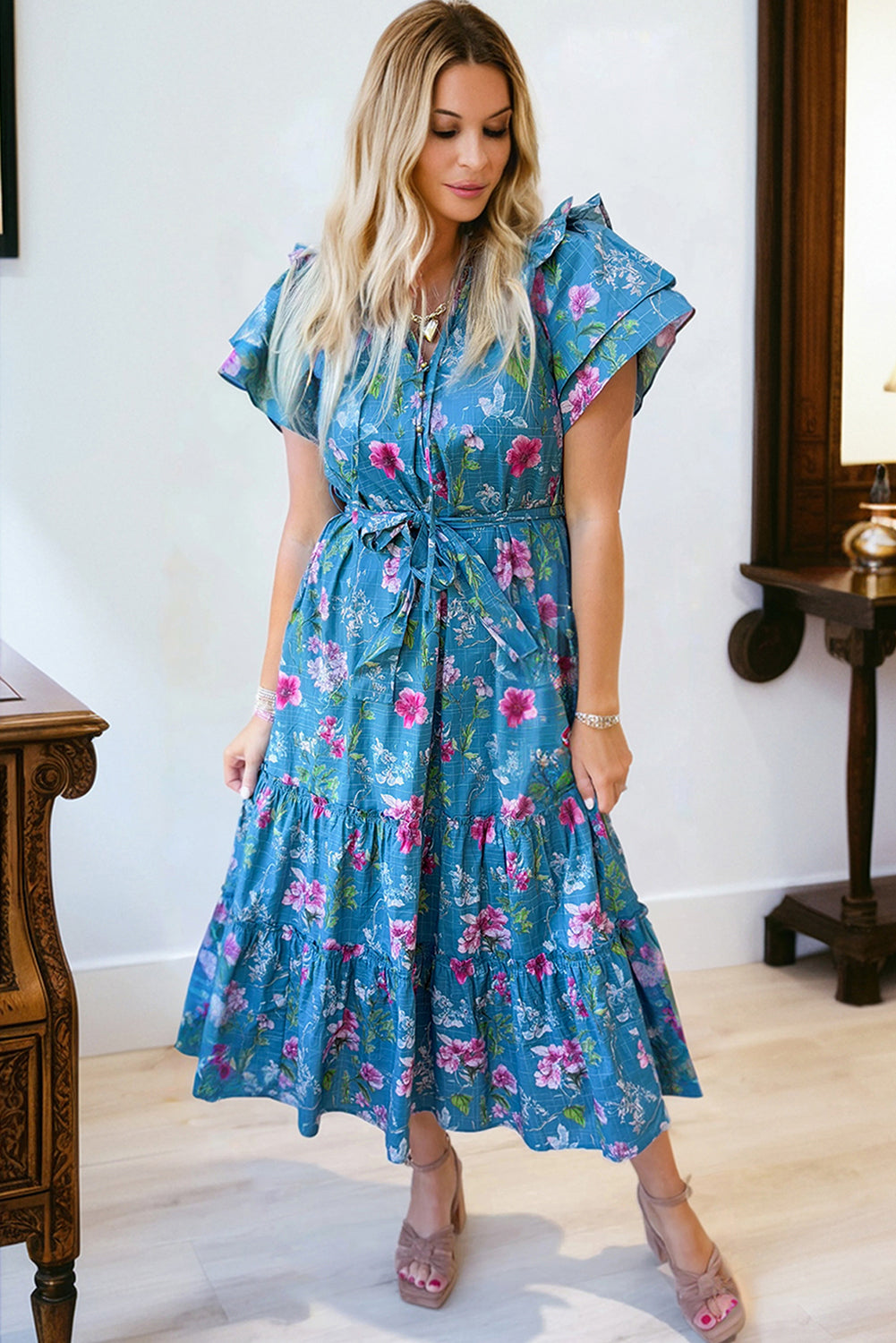 Floral Flutter Sleeve Tie Neck Belted Midi Dress